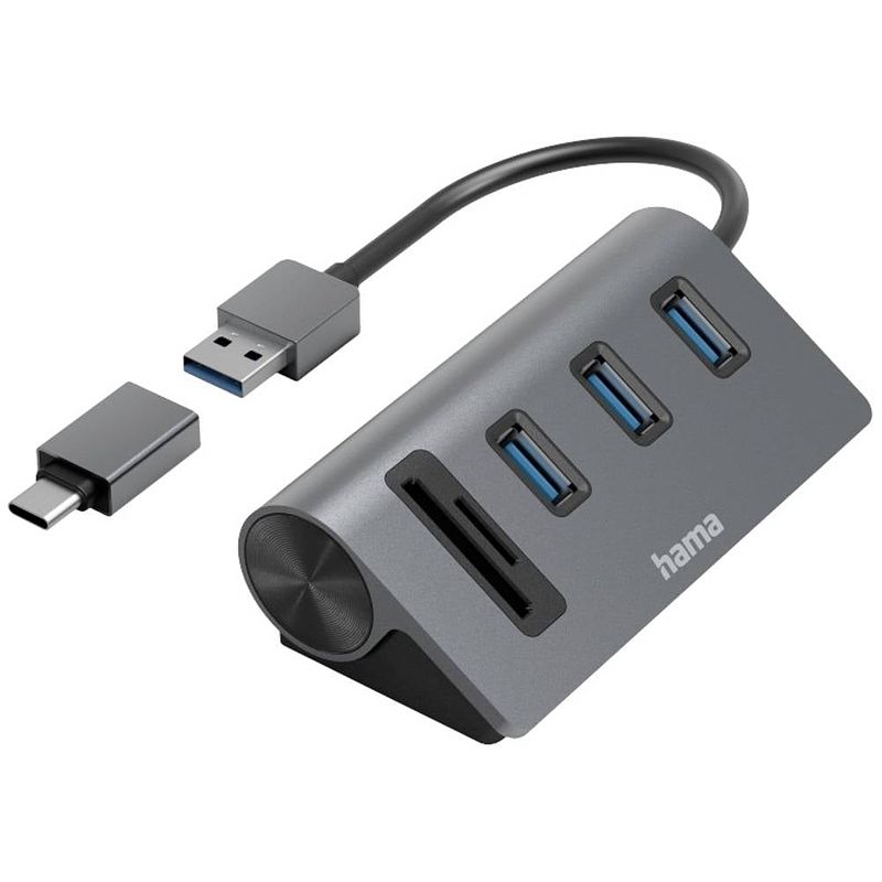 Foto van Hama usb 3.2 gen 1-hub 5 poorten met ingebouwde sd-kaartlezer, met usb-c stekker grijs