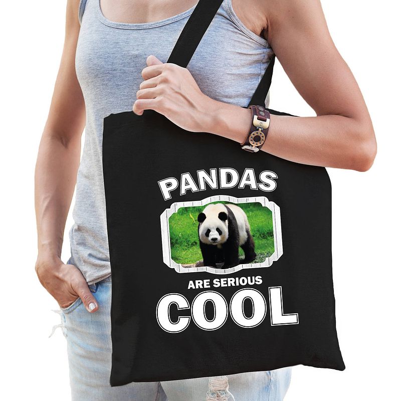 Foto van Katoenen tasje pandas are serious cool zwart - pandaberen/ grote panda cadeau tas - feest boodschappentassen