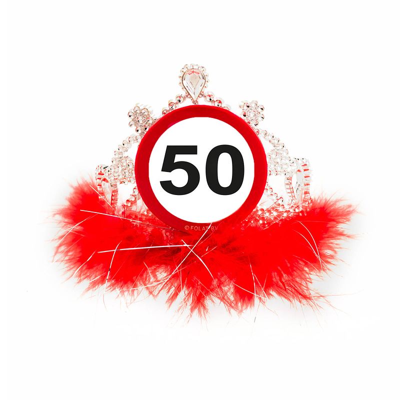 Foto van Folat tiara verkeersbord 50 jaar rood/zilver one-size