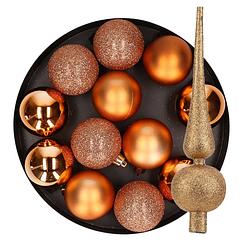 Foto van 12x stuks kunststof kerstballen 6 cm inclusief glitter piek koper - kerstbal