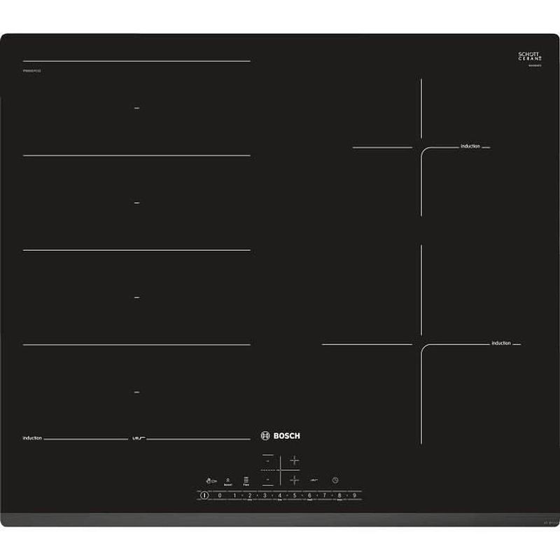 Foto van Bosch pxe631fc1e - inductiekookplaat - 4 zones - 7400 w - b 51 x d 52,2 cm - glascoating - zwart