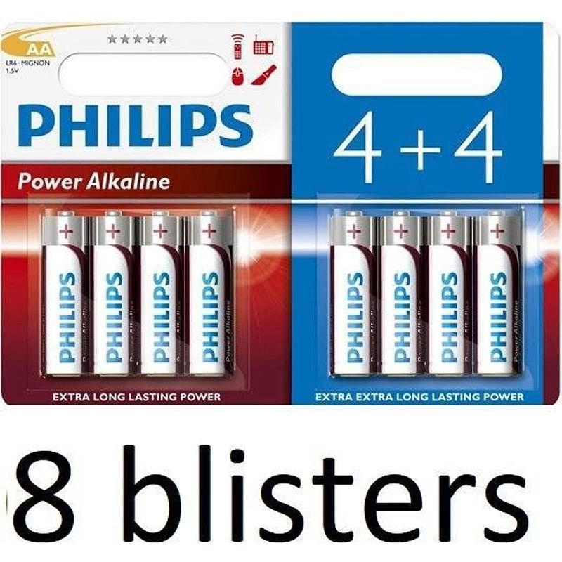 Foto van 64 stuks (8 blisters a 8 st) philips power alkaline batterij lr6p8bp/10