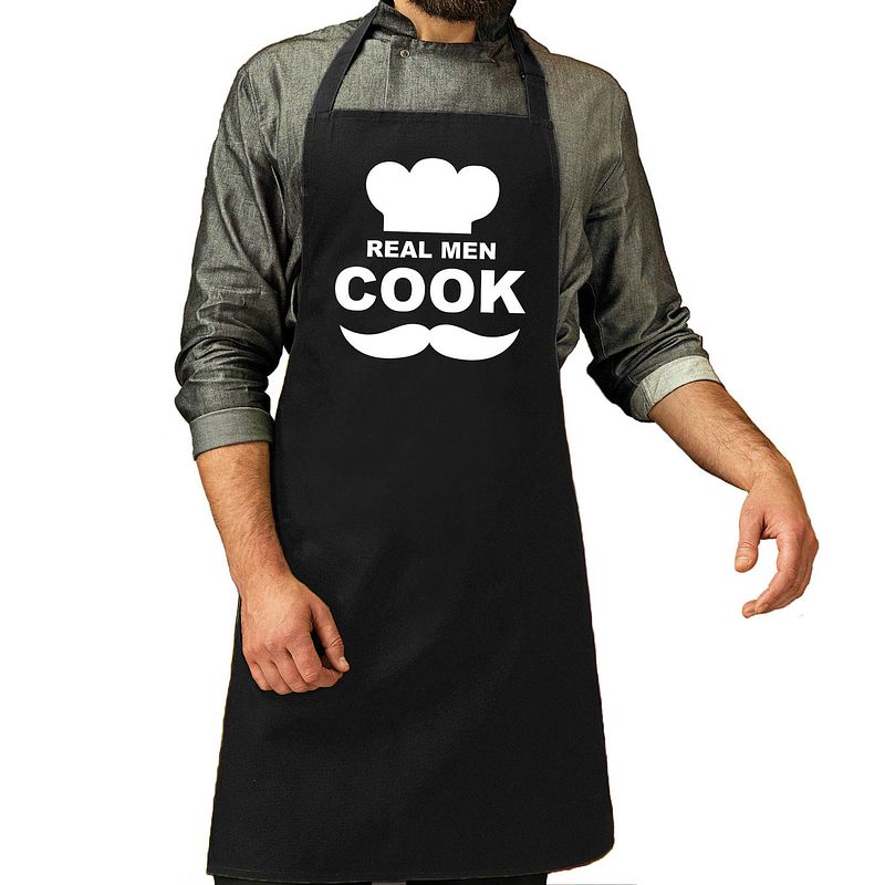 Foto van Vaderdag cadeau schort zwart real men cook voor heren - feestschorten