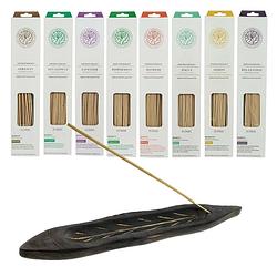 Foto van Assortiment 200 stuks etherische incense wierookstokjes 8 heerlijke geuren - 8 x 25 stuks - incl. wierookhouder