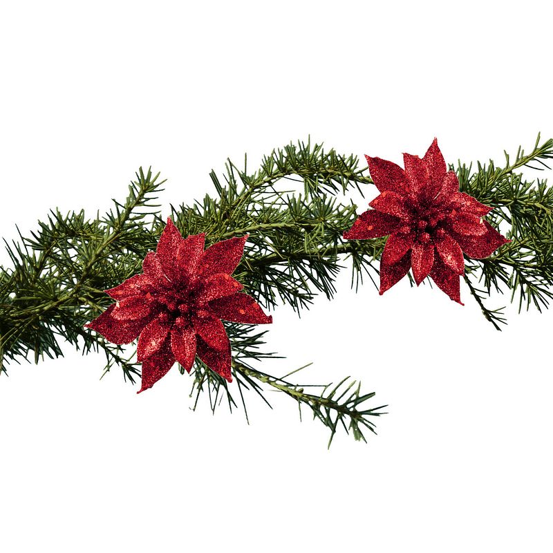 Foto van Cosy and trendy kerst bloem op clip - 2x- rood -8 cm - glitters - kersthangers