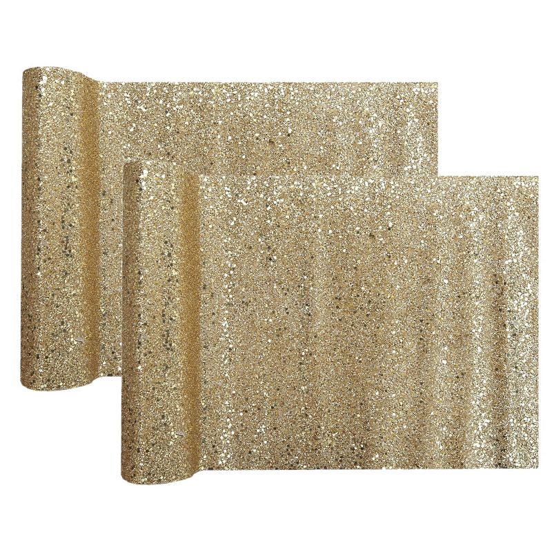 Foto van Tafelloper op rol - 2x - goud glitter - 28 x 300 cm - polyester - feesttafelkleden