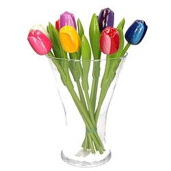 Foto van Set van bos houten tulpen boeket 34 cm in glazen vaas 25 cm - kunstbloemen