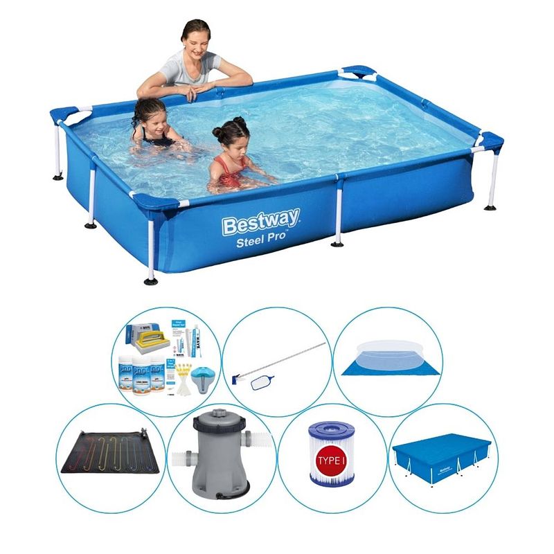 Foto van Bestway steel pro rechthoekig zwembad - 221 x 150 x 43 cm - blauw - inclusief accessoires - voordeelpakket