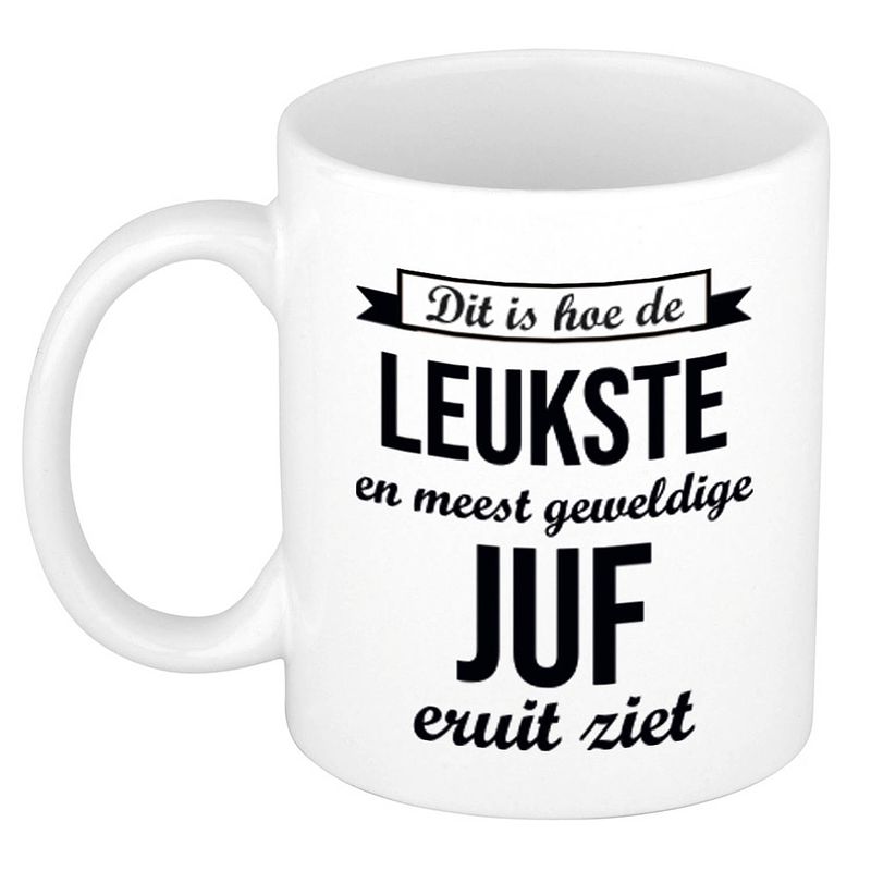 Foto van Leukste en meest geweldige juf cadeau koffiemok / theebeker wit 300 ml - feest mokken