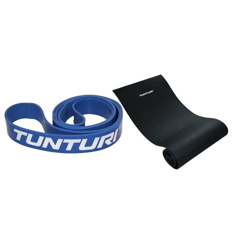 Foto van Tunturi - fitness set - weerstandsband blauw - heavy - fitnessmat 160 cm x 60 cm x 0,7 cm