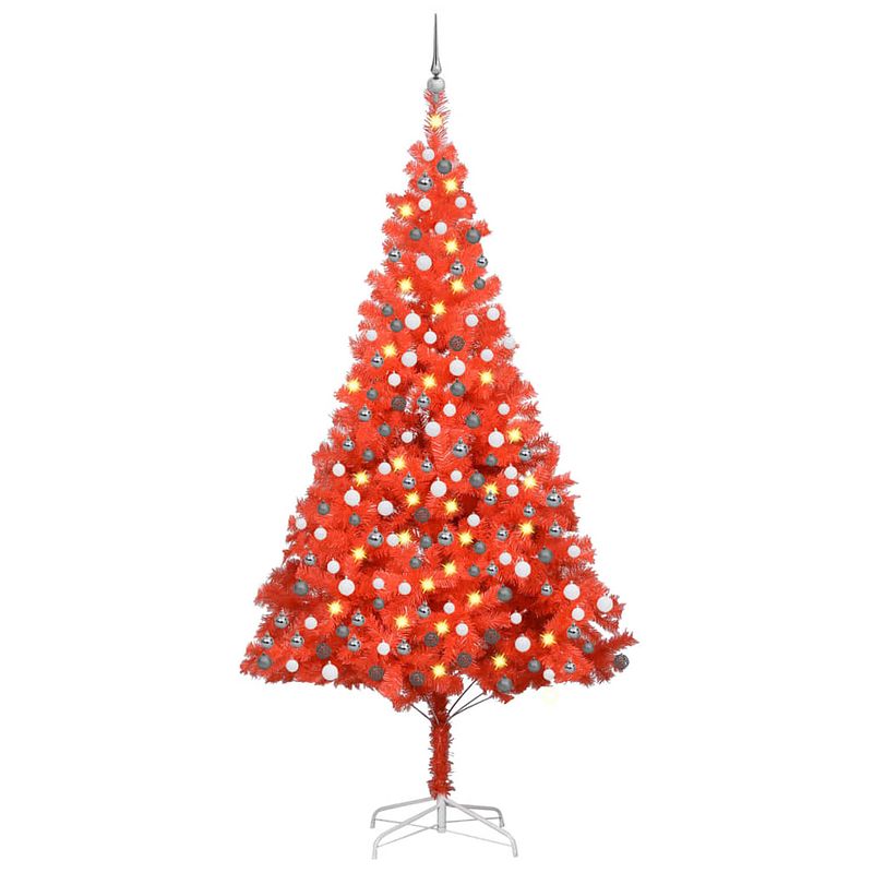 Foto van Vidaxl kunstkerstboom met led's en kerstballen 210 cm pvc rood