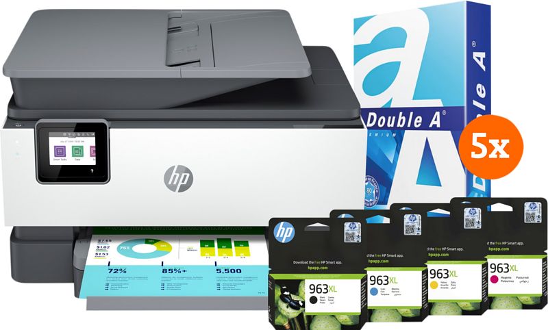 Foto van Hp officejet pro 9012e + 1 set extra inkt + 2.500 vellen a4 papier