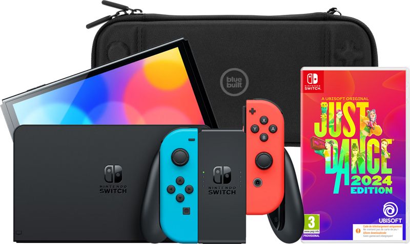 Foto van Nintendo switch oled rood/blauw + just dance 2024 + bluebuilt beschermhoes