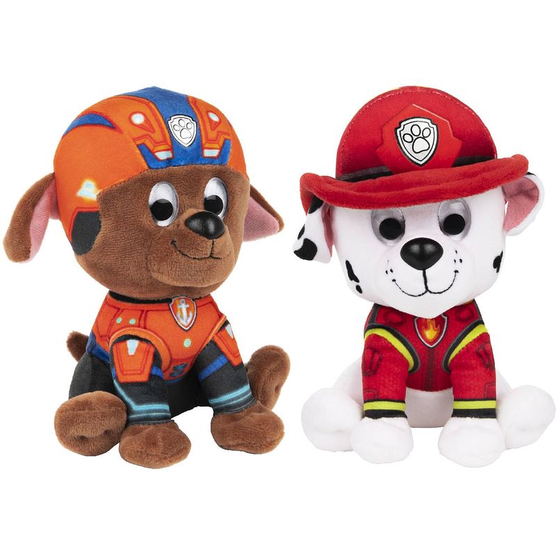 Foto van 2x stuks paw patrol pluche karakters knuffels marshall en zuma 15 cm - knuffeldier