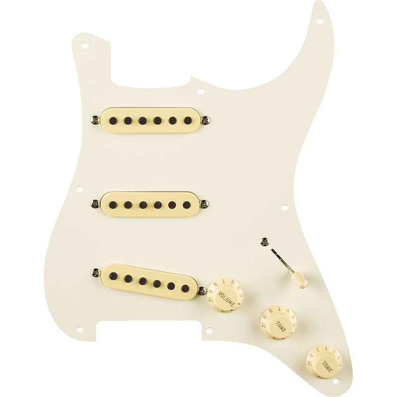 Foto van Fender pre-wired strat pickguard eric johnson signature parchment 8-hole