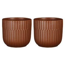 Foto van 2x stuks plantenpot/bloempot keramiek mat bruin stripes patroon - d12.5/h11 cm - plantenpotten