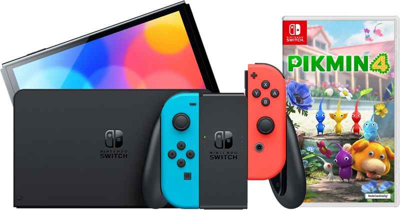 Foto van Nintendo switch oled rood/blauw + pikmin 4