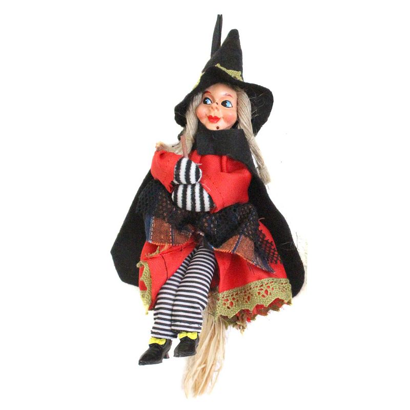 Foto van Halloween decoratie heksen pop op bezem - 20 cm - zwart/rood - halloween poppen