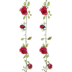 Foto van Louis maes kunstplant bloemenslinger rozen - 2x - rood/groen - 225 cm - kunstbloemen - kunstplanten