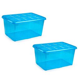 Foto van 3x opslagbakken/organizers met deksel 60 liter 63 x 46 x 32 transparant blauw - opbergbox