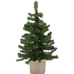 Foto van Kunst kerstboom/kunstboom groen 60 cm met naturel jute pot - kunstkerstboom