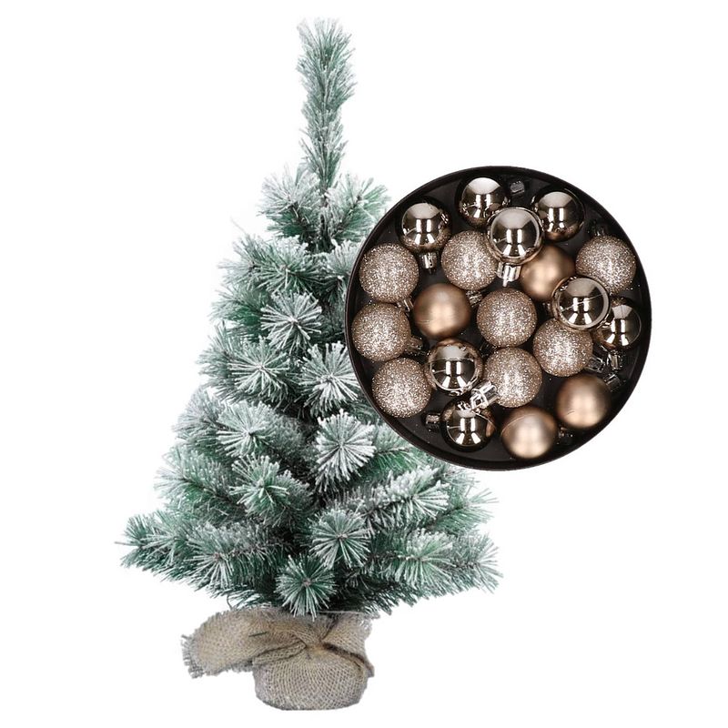 Foto van Besneeuwde mini kerstboom/kunst kerstboom 35 cm met kerstballen champagne - kunstkerstboom