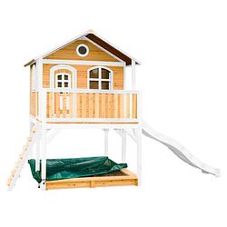 Foto van Axi marc speelhuis op palen, zandbak & witte glijbaan speelhuisje voor de tuin / buiten in bruin & wit van fsc hout