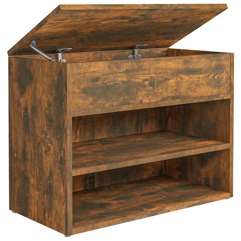 Foto van The living store opbergbank gerookt eiken - schoenenbank met schappen en kist - 60 x 30 x 45 cm - bewerkt hout