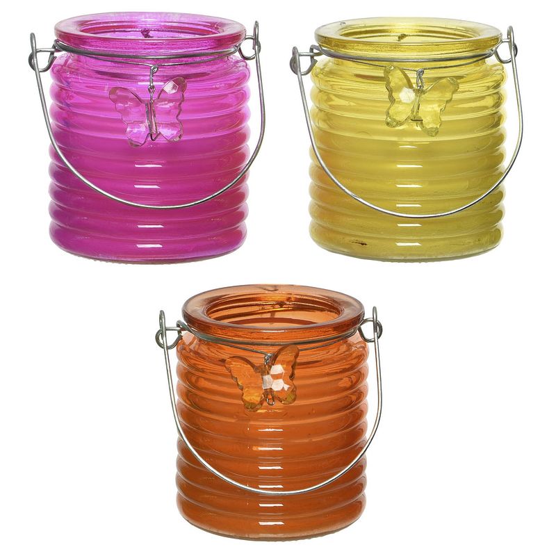 Foto van Set van 3x stuks citronella anti muggen kaarsen windlicht roze, geel en oranje 20 branduren - geurkaarsen