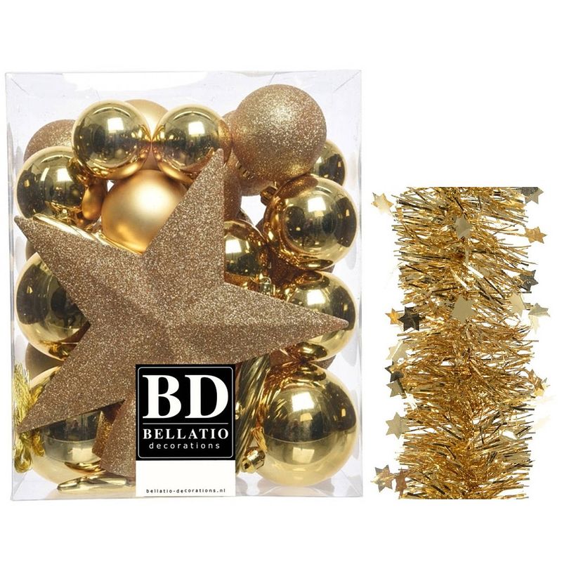 Foto van Kerstversiering kerstballen 5-6-8 cm met ster piek en sterren slingers pakket goud van 35x stuks - kerstbal