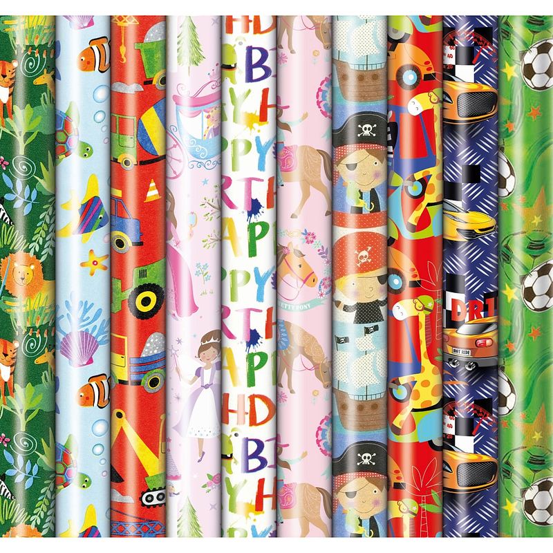 Foto van Assortiment luxe cadeaupapier inpakpapier voor kinderen 6 - 200 x 70 cm - 3 rollen