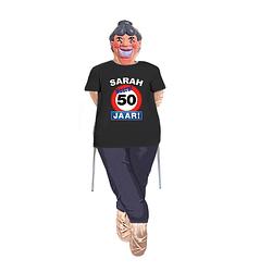 Foto van Sarah pop opvulbaar compleet met sarah stopbord 50 jaar pop shirt en masker - feestdecoratievoorwerp