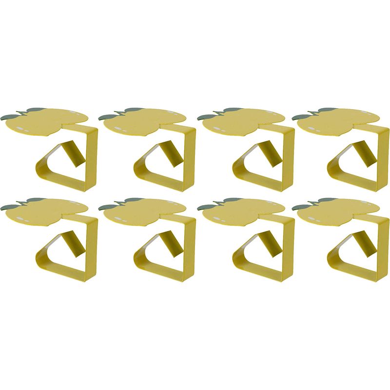 Foto van Decoris tafelkleedklemmen - 8x - citroen - geel - ijzer - 7 x 4 cm - tafelkleedklemmen