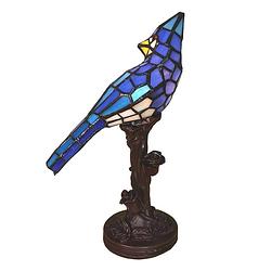 Foto van Lumilamp tiffany tafellamp vogel 15*12*33 cm blauw glas kunststof tiffany bureaulamp tiffany lampen glas in lood blauw