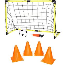 Foto van Voetbalgoal/voetbaldoel met bal en pomp - incl. 4x oranje pionnen 17 cm - voetbaldoel