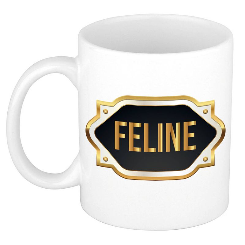 Foto van Naam cadeau mok / beker feline met gouden embleem 300 ml - naam mokken