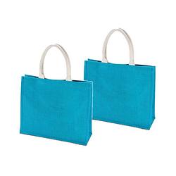 Foto van 2x stuks jute turquoise blauwe boodschappentassen 42 cm - strandtassen