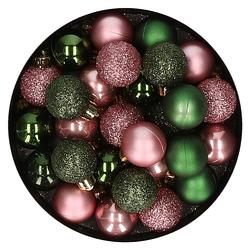 Foto van 28x stuks kunststof kerstballen donkergroen en oudroze mix 3 cm - kerstbal