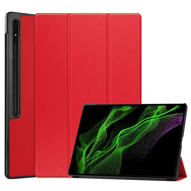 Foto van Basey samsung galaxy tab s9 ultra hoes case met s pen uitsparing - samsung tab s9 ultra hoesje book cover - rood