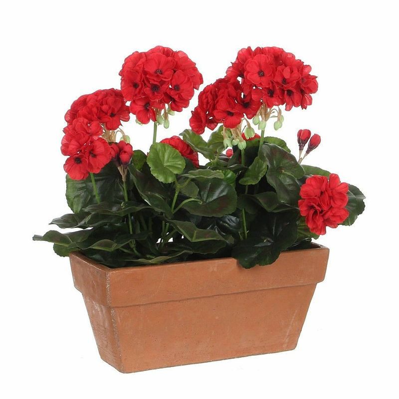 Foto van Geranium balkon kunstplant rood in keramieken pot l29 x b13 x h40 cm - kunstplanten