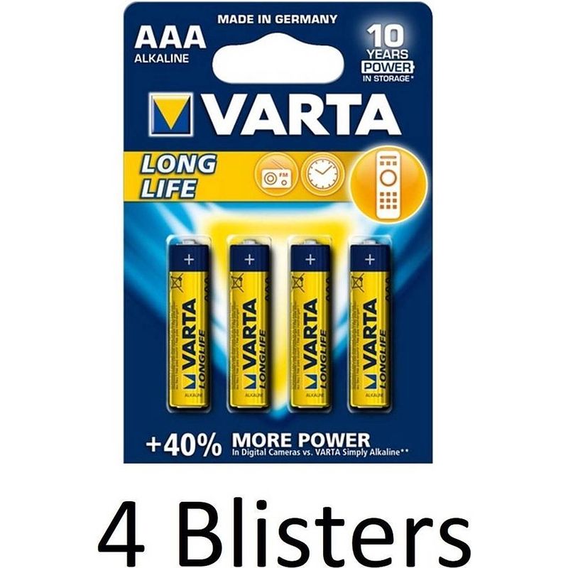 Foto van 16 stuks (4 blisters a 4 st) varta longlife aaa alkaline batterij