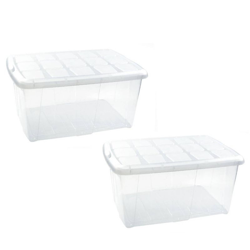 Foto van 3x opslagbakken/organizers met deksel 60 liter 63 x 46 x 32 transparant/wit - opbergbox