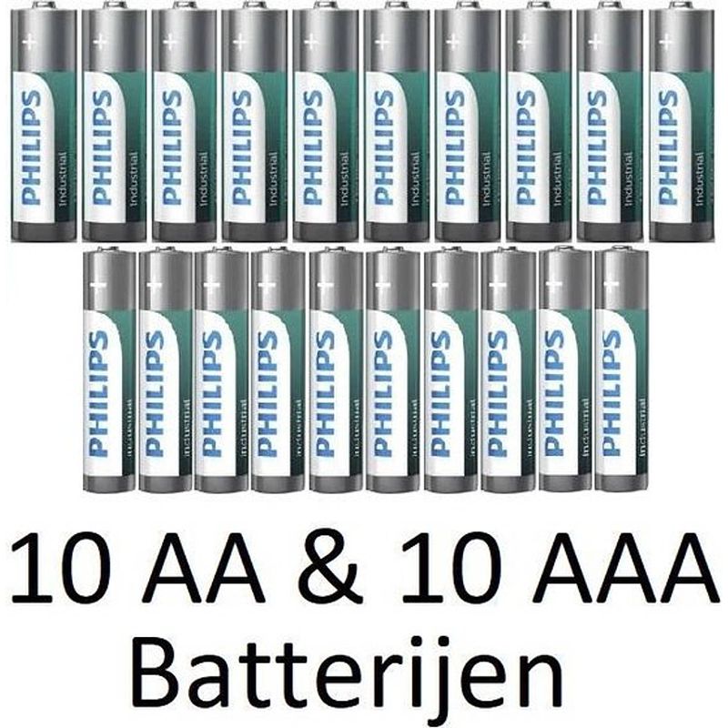 Foto van 10 aa & 10 aaa (verpakt per 10) philips industrial alkaline batterijen