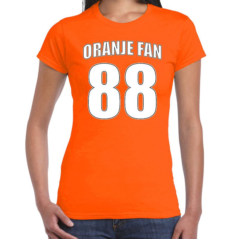 Foto van Oranje shirt / kleding oranje fan nummer 88 voor ek/ wk voor dames xl - feestshirts