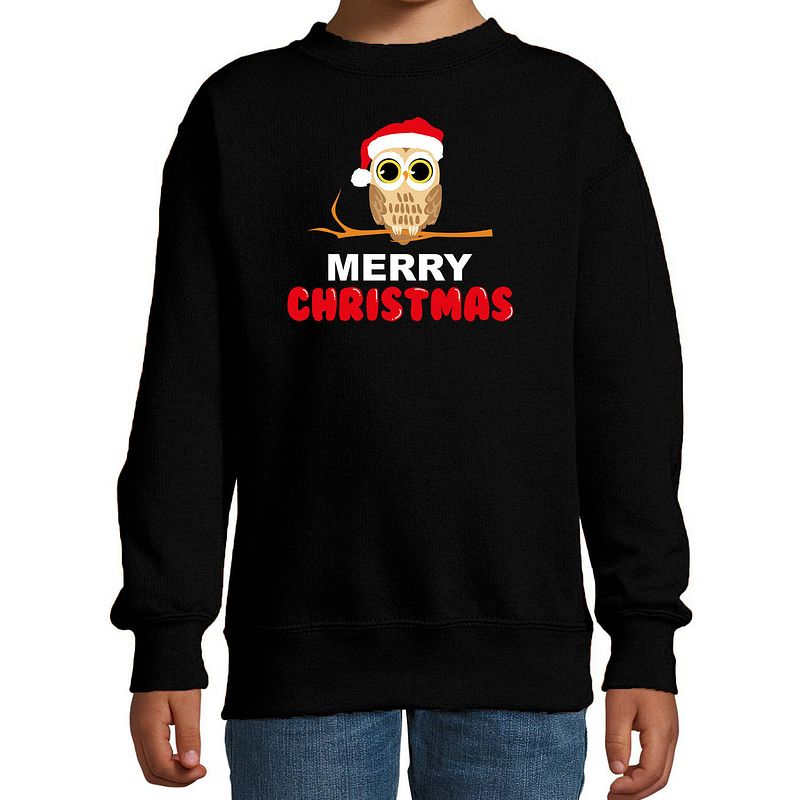 Foto van Leuke dieren kersttrui christmas uil sweater kerst zwart voor kinderen 3-4 jaar (98/104) - kerst truien kind