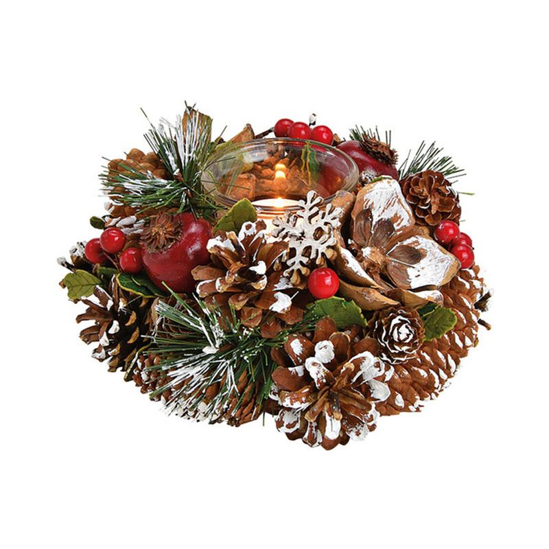 Foto van Kerst thema kaarsenhouder ornament bruin/rood van hout 18 cm - kerststukjes