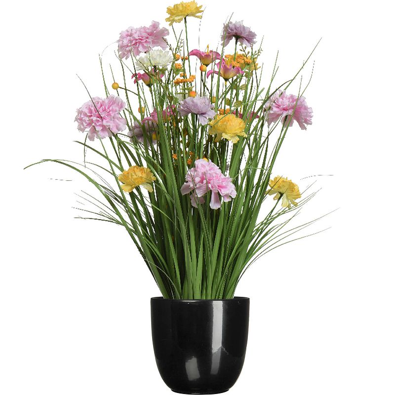 Foto van Kunstbloemen boeket lila paars - in pot zwart - keramiek - h70 cm - kunstbloemen