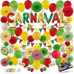 Foto van Fissaly® 86 stuks carnaval versiering decoratie rood, geel & groen - feestpakket incl. ballonnen, slingers & accessoires