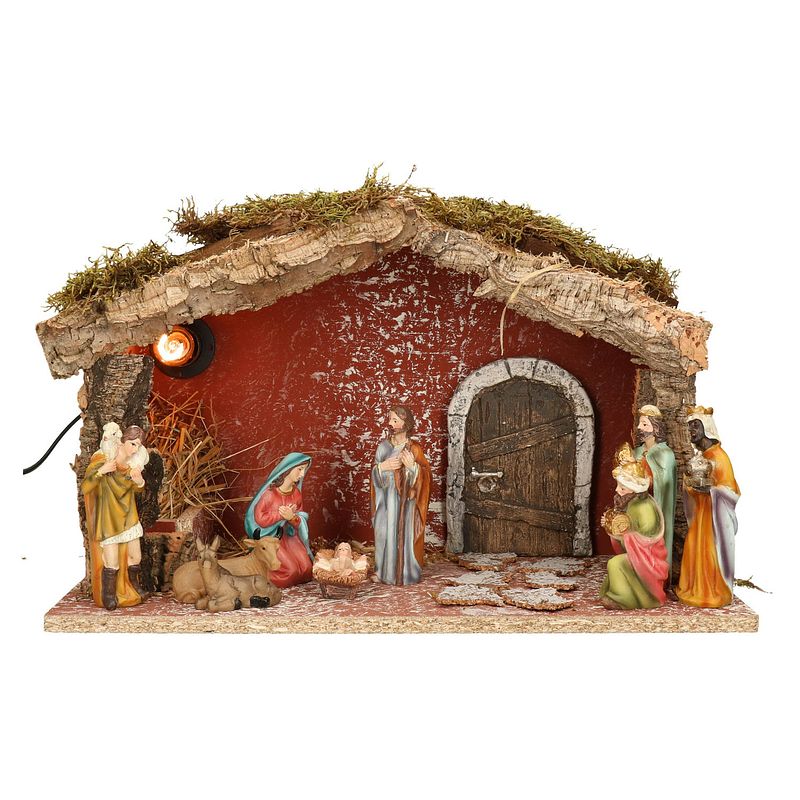 Foto van Complete verlichte kerststal met 9x st kerststal beelden - h24 cm - kerststallen