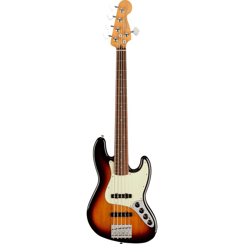 Foto van Fender player plus jazz bass v 3-tone sunburst pf 5-snarige elektrische basgitaar met gigbag